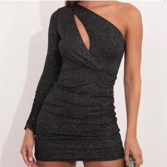 Lucy in the Sky Black In the Sky Astar Keyhole Asymmetrical Ruched Bodycon Dress - Picture 1 of 4